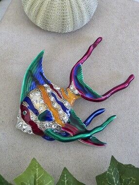 Large Statement Silver Colorful Enamel Angelfish Elegant Brooch Pin